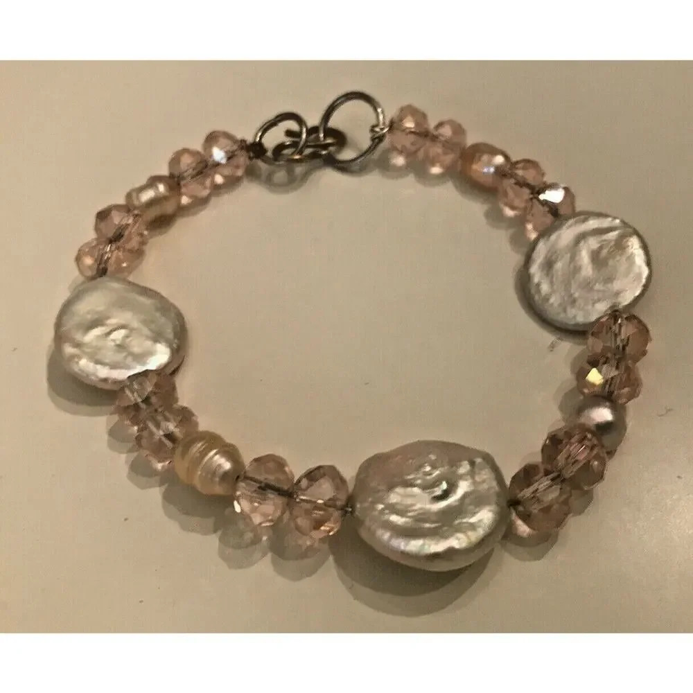 Pink Bead White Stone Silvertone Hardware 8